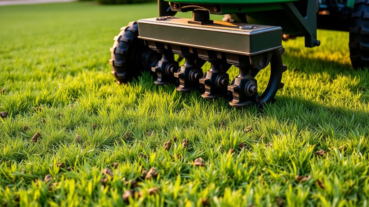 Core aeration machine pulling soil plugs from a healthy New England lawn
