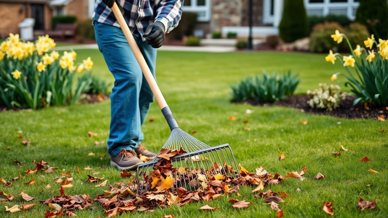 Landscaper raking fallen leaves off a New England lawn during spring cleanup