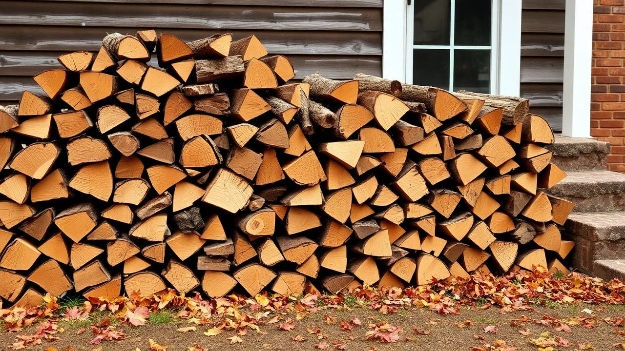 Neatly stacked cord of seasoned split hardwood firewood beside a Rhode Island home