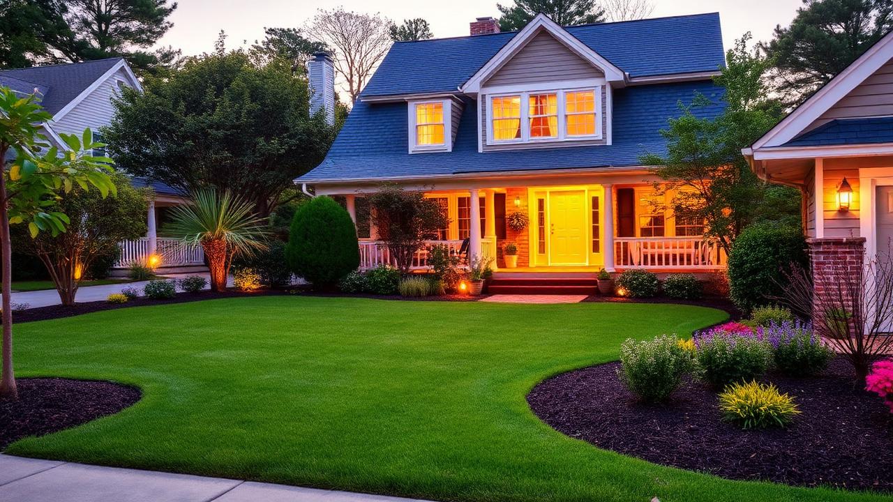 Manicured Rhode Island front yard with green lawn and mulched flower beds at golden hour