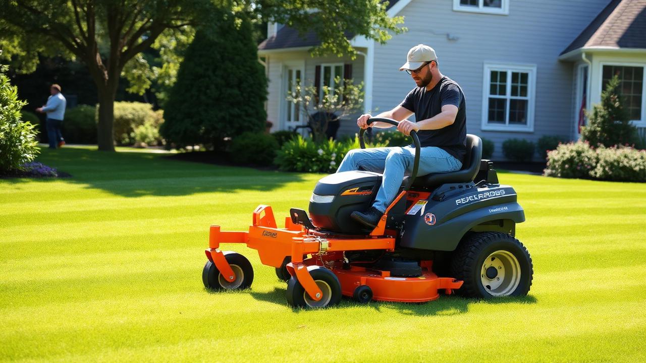 Professional mowing a striped green lawn with a commercial zero-turn mower in Rhode Island