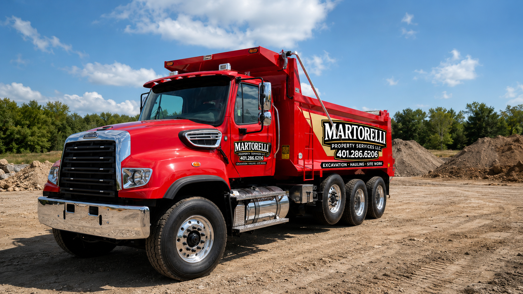 Martorelli Property Services red tri-axle dump truck for Rhode Island hauling and site work