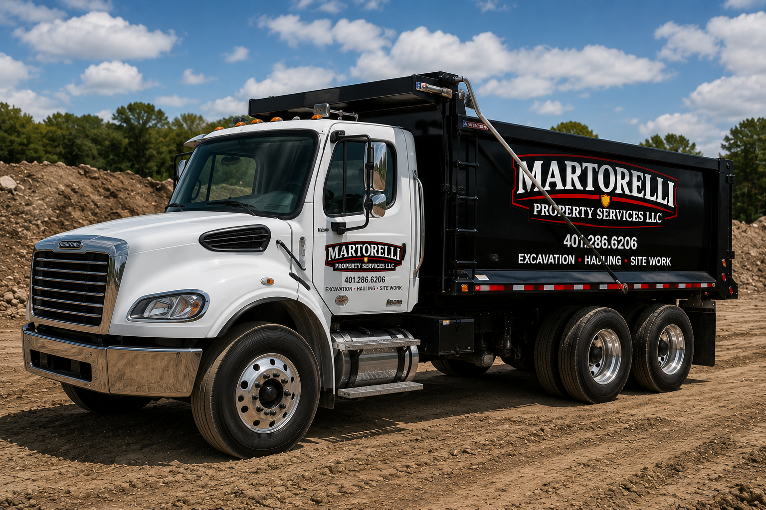 Martorelli Property Services Freightliner dump truck used for hauling in Warwick, RI