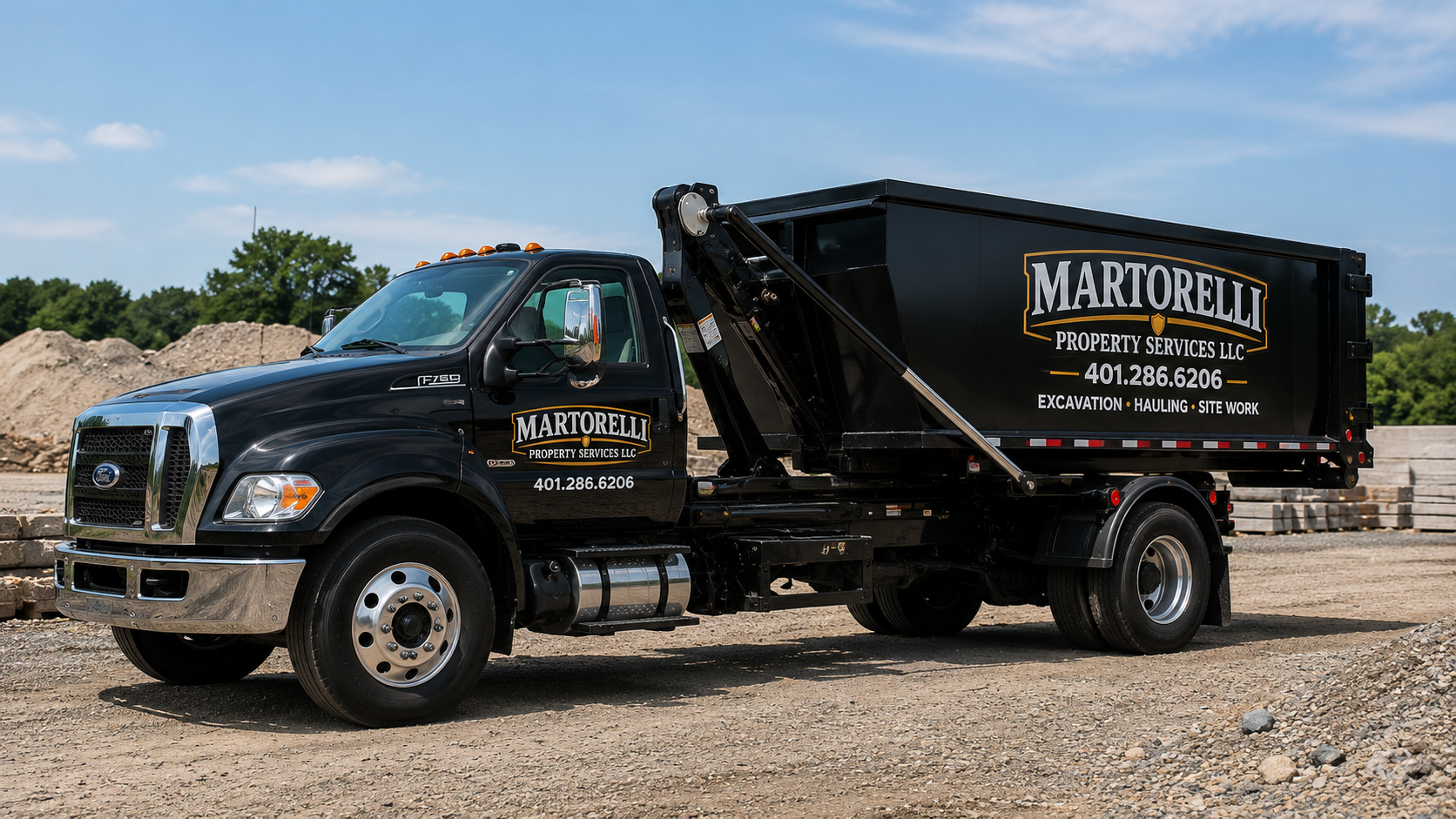 Martorelli Property Services roll-off dumpster truck for Rhode Island dumpster rentals and junk removal