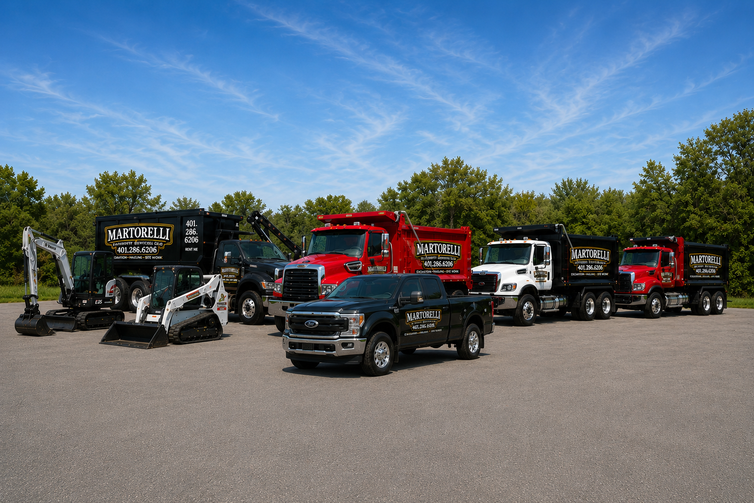 Martorelli Property Services fleet lineup — excavator, skid steer, dump trucks, and service truck