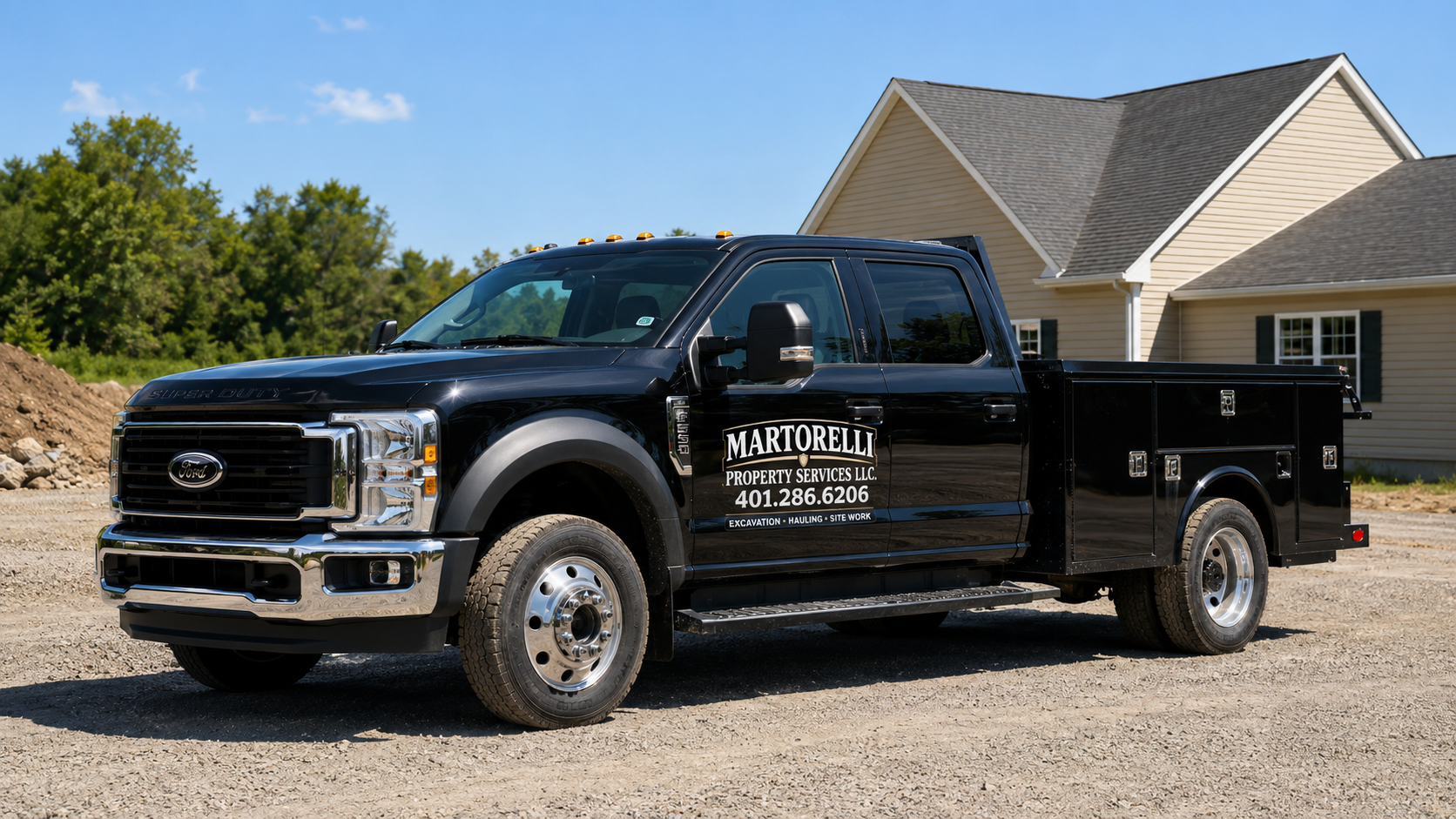 Martorelli Property Services branded Ford F-550 Super Duty service truck on a Rhode Island job site