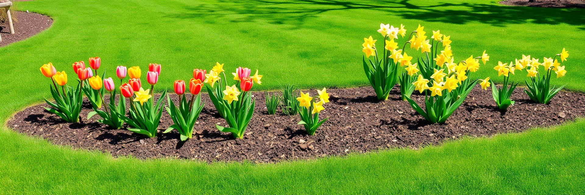 Spring landscaping with fresh tulips, daffodils, and mulched beds in Warwick, RI