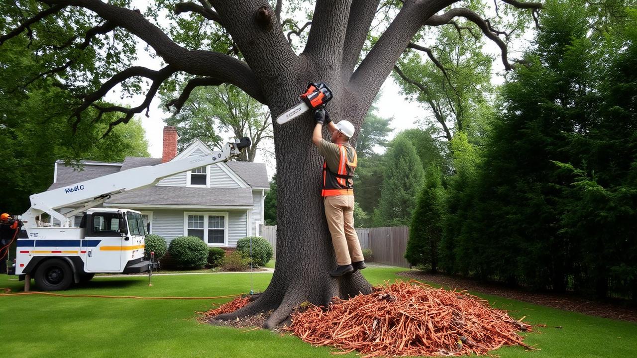 Arborist using a chainsaw and bucket truck to remove a large oak tree in a Warwick RI yard