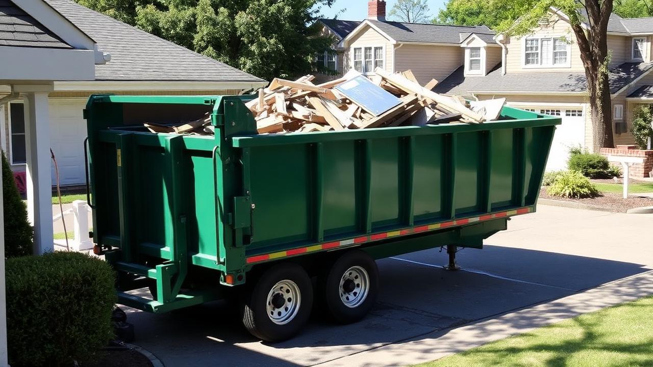 Green roll-off dumpster filled with renovation debris in a suburban driveway