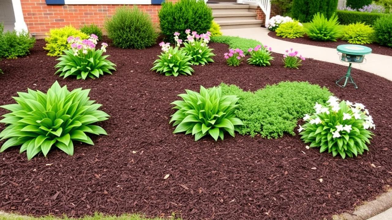 Freshly installed dark hardwood mulch around landscaped garden beds with hostas and flowers