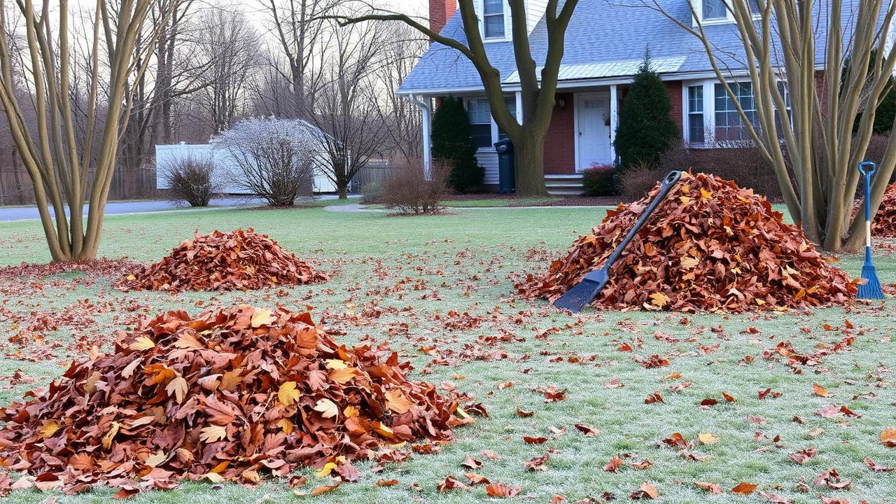 Late-fall New England yard with raked leaf piles and bare trees on a frosty morning